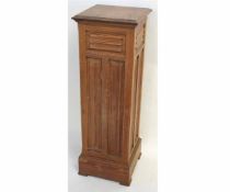 19th century pitch pine square formed column with linenfold carved panels, 40cms square x 118cms