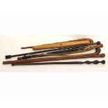 Mixed Lot of walking sticks to include a carved fox head walking stick with glass eyes, a parasol