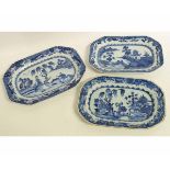 Group of three 18th/19th century Chinese Nanking blue and white platters of elongated octagonal