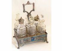 Silver plated Walker & Hall six-bottle cruet stand with central shaped handle with associated