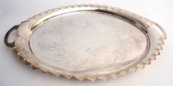 Mid-20th century electro-plated two-handled oval tea tray, with shaped rim, integral handles and