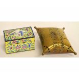Oriental pierced brass cushion shaped cricket box with hinged centre, 15cms x 12cms max, together