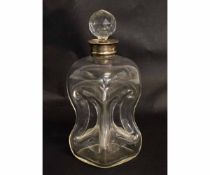 Large moulded hour-glass decanter with applied silver collar and faceted cut glass stopper, 26cms