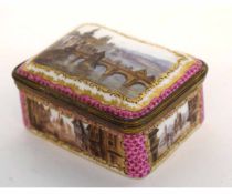 19th century Continental porcelain box and cover, the pink scale ground surrounding landscapes and