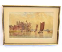 Edward Littlewood, initialled and dated 1879, watercolour, River scene with wherries by a cottage,
