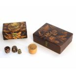 Two fern ware table top boxes, one with a Mauchline type scene of Abbotsford, together with