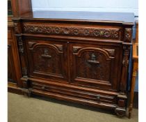 19th century Gothic oak sideboard with full width drawer with repeating carved daisy lozenges over