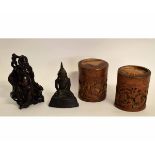 Pair of 19th/20th century Oriental bamboo lidded boxes carved in relief with figures and sailing