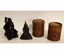 Pair of 19th/20th century Oriental bamboo lidded boxes carved in relief with figures and sailing