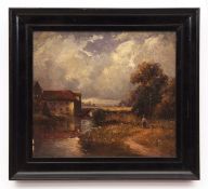 AR Campbell Archibald Mellon, ROI, RBA, River landscape with figure and Mill oil on board, signed