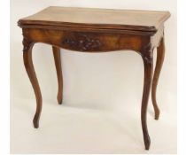 19th century French walnut fold-over card table with green baize lined interior on cabriole front