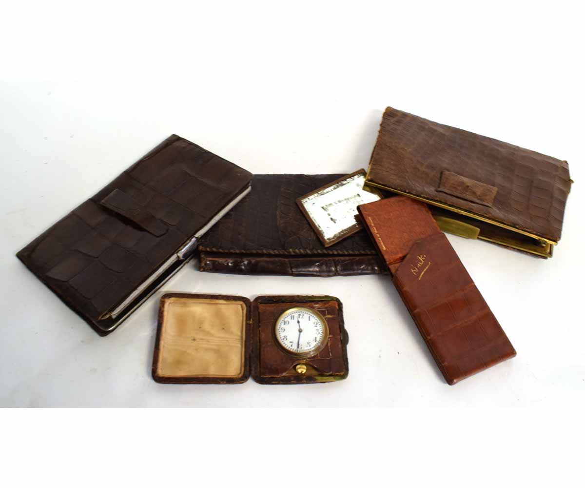 Vintage ladies hand and clutch bags, bedside travelling clock and card case