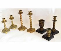 Mixed Lot of seven assorted 19th century candlesticks to include a pair of 17th century style shaped
