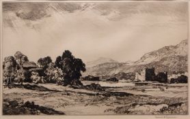 AR Leonard Russell Squirrell, RE, RWS, "Kilchurn Castle" black and white etching, signed in pencil