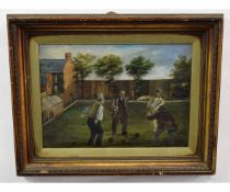 19th/20th century Primitive School, oil on canvas, Game of Bowls, 29 x 41cms