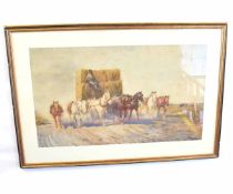 Adrian Jones, signed and indistinctly dated, watercolour, Horses and haycart, 56 x 95cms