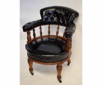 19th century mahogany framed office armchair with turned spindle back and black leather