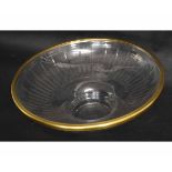 Art Deco period large circular cut glass bowl with applied metal rim, 34cms diam