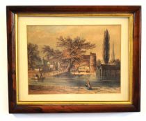 Antique coloured lithograph, Pull's Ferry, 22 x 29cms