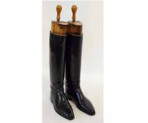 Pair of vintage riding boots and trees, brass plaque signed W FitzHugh Esq, makers Peal & Co