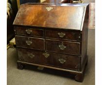 Early 18th century mahogany bureau with fitted pigeonhole interior with two over two over single