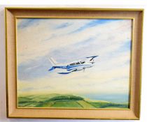 Thomas Fishburn, signed oil on board, Plane in flight, 39 x 49cms, Provenance: The Parker Gallery, 2