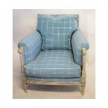 Pair of good quality modern painted armchairs with blue and white chequered upholstery with reeded