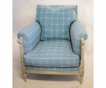 Pair of good quality modern painted armchairs with blue and white chequered upholstery with reeded