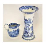 Blue and white printed pottery jug by Copeland Spode, Italian pattern, together with a large trumpet