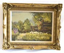 Kevin B Thompson, signed oil on board, Chickens in a garden, 26 x 36cms