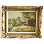 Kevin B Thompson, signed oil on board, Chickens in a garden, 26 x 36cms