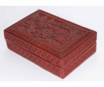 20th century Chinese cinnamon lacquer box of rectangular shape, the lid carved with figures in a