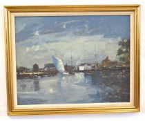 Geoffrey Chatten, unsigned oil on board, Norfolk river view, probably Yarmouth, 60 x 78cms