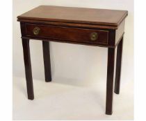 George III mahogany single drawer fold-over tea table with pressed brass knob handles, supported