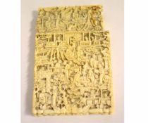 19th century Chinese carved ivory rectangular card case of two parts, highly carved with numerous