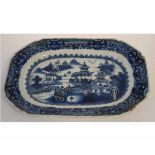 Small 19th century Nanking porcelain platter of elongated rectangular form, decorated with a river