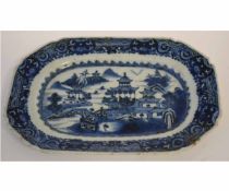Small 19th century Nanking porcelain platter of elongated rectangular form, decorated with a river