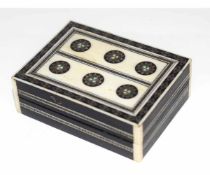 Small Indian ebony and bone inlaid storage box with repeating lozenge centre and bone banding to