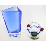 Art glass triangular blue glass vase with clear base, together with a small blue and white glass