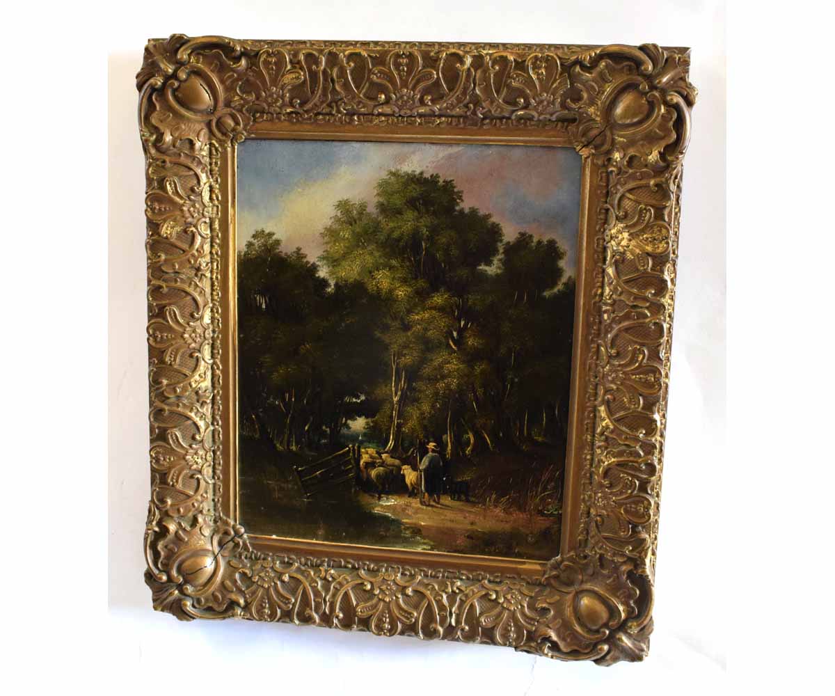 Follower of James Stark, oil on panel, Herder with sheep and dog in wooded landscape, 34 x 28cms