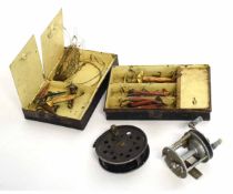 Vintage fishing reel (USA manufacture), Norwegian "Aure" fly reel, box of vintage fish hooks etc