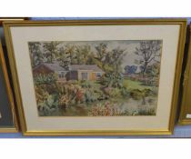 Henley G Curl, signed and dated '75, A bungalow by a pool, 32 x 48cms