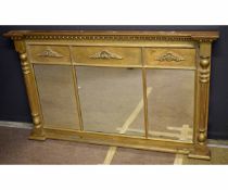 19th century gilt triple overmantel mirror with raised relief and repeating ball pediment with two