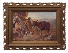 Circle of John Duvall, oil on board, Encampment with figure, donkey and dog, 23 x 34cms