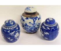 Pair of 20th century Chinese blue and white ginger jars and lids decorated with prunus blossom,