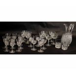Part suite of cut glass drinking glasses in sizes, 26 items in total including a jug