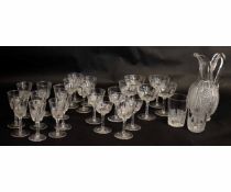 Part suite of cut glass drinking glasses in sizes, 26 items in total including a jug