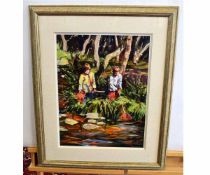 AR Michael J Sanders, oil on board, signed lower right, Children fishing with nets, 60 x 46cms