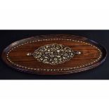 Early 20th century rosewood oval tray with ivory floral inlay to centre and border (a/f), 52cms long