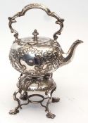 Late 19th century electro-plated tea kettle on stand, with overhead handle, globular body and fitted